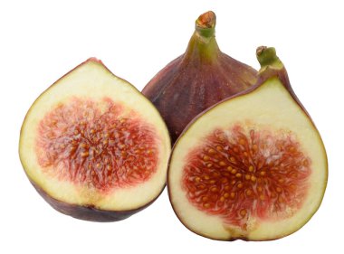 İzole edilmiş arka planda tam ve parçalı mor incirler, kapatın.