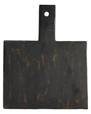 Boş siyah ahşap mutfak kesme tahtası, beyaz izole arka plan, üst görünüm