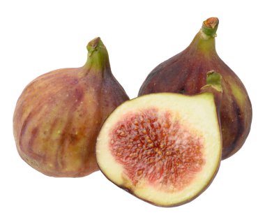 İzole edilmiş arka planda tam ve parçalı mor incirler, kapatın.