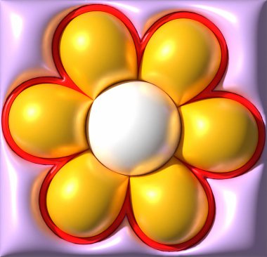 Sarı yapraklı çiçek şeklinde dekoratif bir element ve mor arka planda beyaz bir merkez. Çiçeğin üç boyutlu bir görüntüsü var, üç boyutlu resimleme