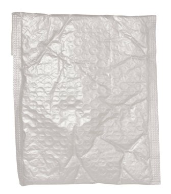 Beyaz arkaplanda yazışmalar için baloncuk ambalajlı beyaz plastik zarf, üst görünüm