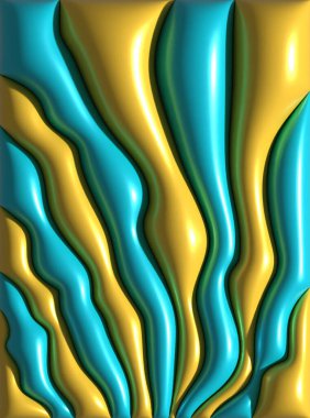 İzole edilmiş arka planda parlak yüzeyi olan şişirilmiş sarı ve mavi kıvrımlar, üç boyutlu resimleme