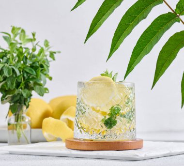 Limon dilimli şeffaf cam, nane yaprakları ve beyaz masada buz küpleri.