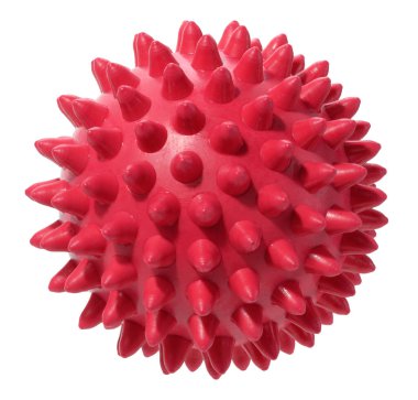 İzole edilmiş arka planda dikenleri olan kırmızı lastik top. Köpek oyuncağı. Masaj ürünü