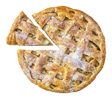 Fırınlanmış elmalı turta ve izole edilmiş arka planda kesilmiş üçgen.