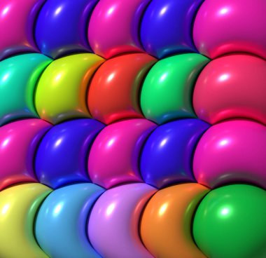 Parlak pürüzsüz yüzeyi olan çok renkli yuvarlak şekiller, üç boyutlu resimleme