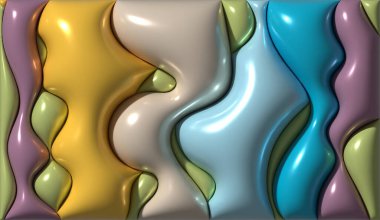 Pürüzsüz parlak yüzeyi olan çok renkli dalgalı şişirilmiş figürler, üç boyutlu resimleme