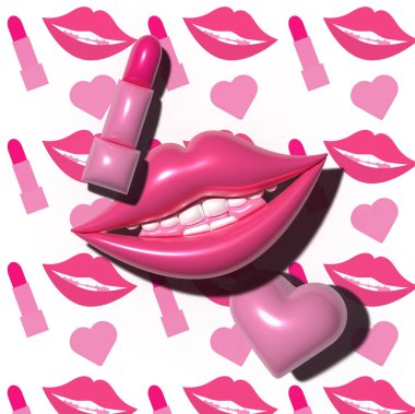 Pembe arka planda ruj, kalp ve dudaklar, üç boyutlu resimleme