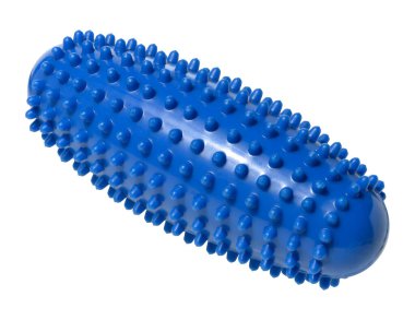 Arka planda çivileri olan oval lastik mavi masaj aleti, hayvan oyuncağı.