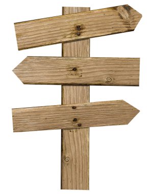 İzole edilmiş arka planda farklı yönlere sahip kahverengi tahta oklar