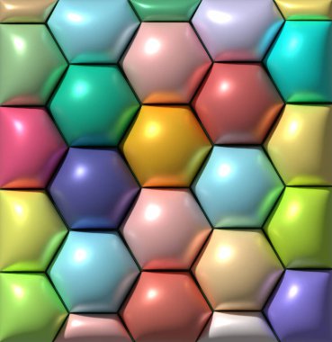 Parlak yüzeyi olan altıgen renkli şekiller, üç boyutlu resimleme