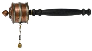 Budist ayinlerinde mantra ezber ve ruhani uygulamalarda kullanılan ahşap saplı ve bakır davulu el yapımı bir Tibet dua çarkı.