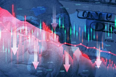 Azalan borsa grafiği, kırmızı oklar ve mali göstergelere sahip ABD Doları tasarısı, ekonomik kriz veya piyasa çöküşünü simgeliyor