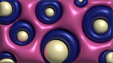 Pembe parlak bir yüzeyde yuvarlak şekiller. Ovalar koyu mavi kenarlara ve açık renk krem merkezlerine sahiptir. Bu da zıt ve hacimli bir etki yaratır. 3B resimleme