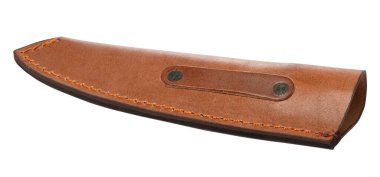 İzole edilmiş arka planda bıçak için kahverengi deri kılıf, yakın çekim