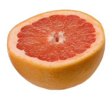 Yarı pembe greyfurt, izole edilmiş arka plan. Sulu pembe et ve beyaz iplik. 