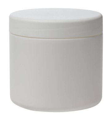 İzole edilmiş arka planda krema için kapaklı beyaz plastik kavanoz.