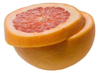 Yarı pembe greyfurt, izole edilmiş arka plan. Sulu pembe et ve beyaz iplik. 
