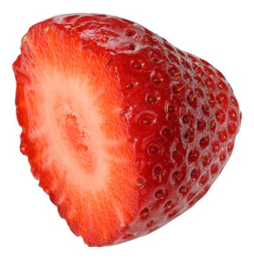 Kırmızı çilek ikiye bölünmüş. İçi canlı ve tohumları ortaya çıkıyor.