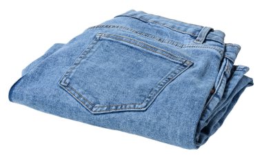 Katlanmış açık mavi kot pantolon, izole edilmiş arka plan.