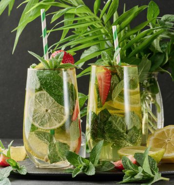 Limon dilimleri, çilekler, taze nane yaprakları ve köpüklü su dolu bir bardakta ferahlatıcı bir içecek.