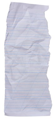 Kırışmış, yırtılmış, mavi çizgileri ve izole edilmiş arkaplanı olan beyaz kağıdın kapağını kapat.