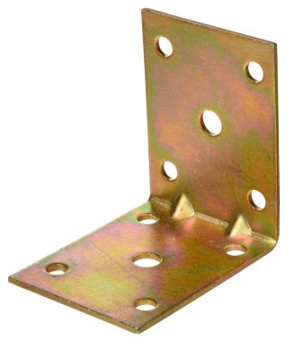 Parlak, altın renkli bir metal köşe ayraç ya da açı desteği, çoklu vida delikleri, yapısal destek ve izole arka plan için kullanılır.