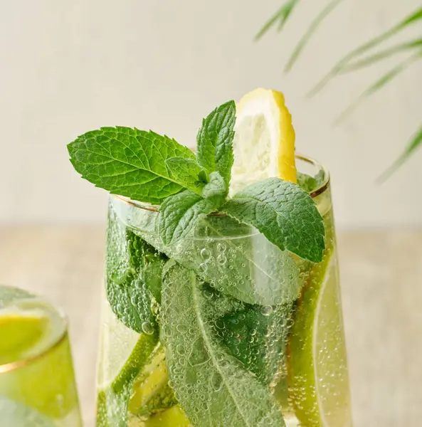 Beyaz arka planda bir bardak limonata içinde bir nane filizi.