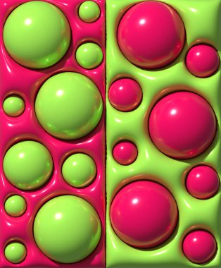 Aynı renkteki kabartma arkaplan üzerinde hacim pembesi ve açık yeşil kürelerin soyut deseni, üç boyutlu resimleme
