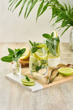 Buz, limon, limon ve nane yapraklarıyla narenciye ve nane likörü serinletici bardaklarda. Sağlıklı yaz içeceği