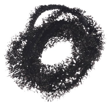 Düzensiz, pürüzlü kenarları ve felçli dokusu olan siyah kalemin soyut dairesel vuruşu, izole arkaplan