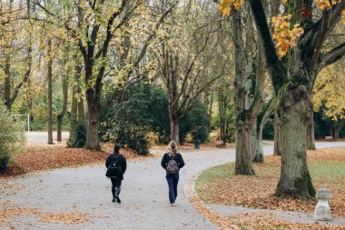 Two girl friends are walking in the autumn city and park