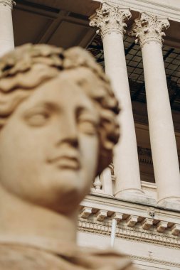 Nice, France - 20.12.2023 : Palais de la Prefecture in the Old Nice, with statues in front of it. Partially unfocused