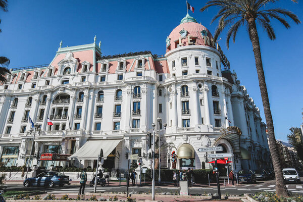 Nice, France - 05.03.2023 : Facade of the famous Hotel Negresco on the Promenade des Anglais in Nice
