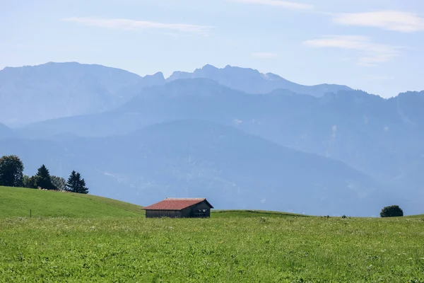 Krásná Krajina Bavorsku Farma Zelené Louky Pole Alpy Pozadí — Stock fotografie