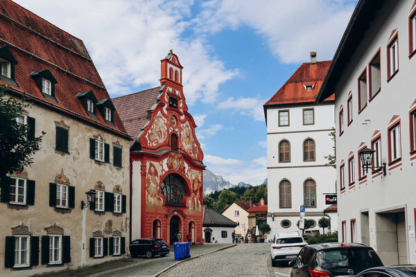Fussen, Germany - August 14, 2023: Picturesque city center of Fussen, Bavaria, Southern Germany