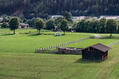 Fulpmes, Avusturya - 15 Ağustos 2023: Avusturya 'nın Fulpmes kasabasındaki güzel alp manzaraları ve tarlaları ve çiftlikleri