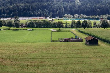 Fulpmes, Avusturya - 15 Ağustos 2023: Avusturya 'nın Fulpmes kasabasındaki güzel alp manzaraları ve tarlaları ve çiftlikleri