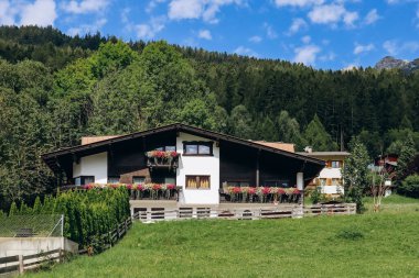 Fulpmes, Avusturya - 15 Ağustos 2023: Avusturya 'nın Fulpmes kasabasındaki güzel alp manzaraları ve tarlaları ve çiftlikleri