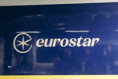 London, United Kingdom - September 25, 2023: Close up on a Eurostar train on a platform in London, ready to depart for Paris. clipart
