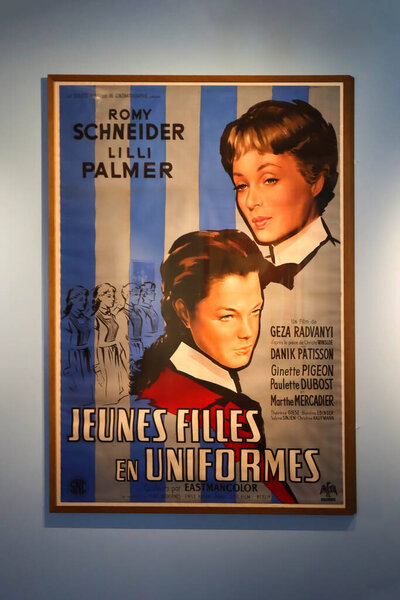 Cannes, France - August 3, 2023 : Vintage movie poster with Romy Schneider, at the exhibition dedicated to her