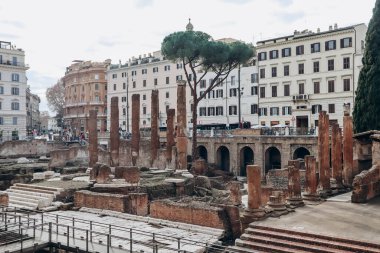 Roma, İtalya - 27.12.2023: Largo di Torre Arjantin - Roma, İtalya 'da dört Roma Cumhuriyetçi tapınağı ve Pompey Tiyatrosu' nun kalıntılarıyla geniş bir açık alan.