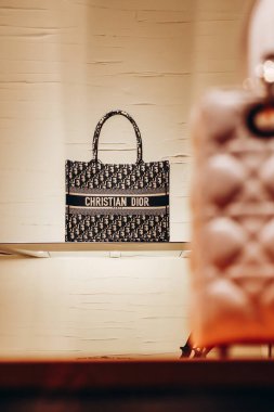 Florence, İtalya - 29 Aralık 2023: Floransa 'nın merkezindeki bir butik vitrininde Hıristiyan Dior çantaları