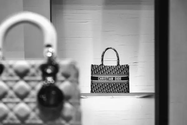 Florence, İtalya - 29 Aralık 2023: Floransa 'nın merkezindeki bir butik vitrininde Hıristiyan Dior çantaları