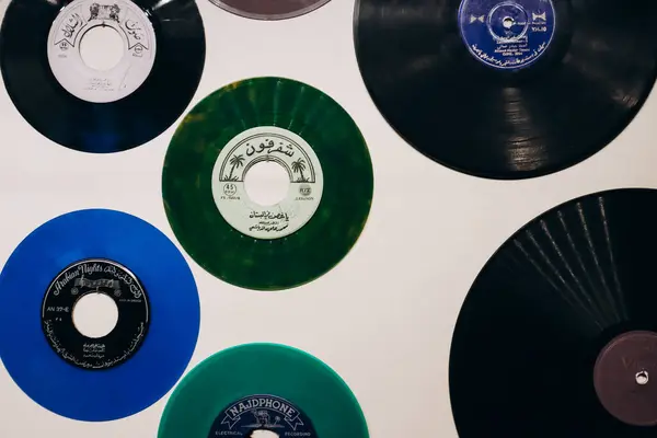 Stock image Doha, Qatar - 1 May 2024: Old vinyl records at the Qatar History Museum