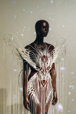 Paris, Fransa - 9 Mart 2024: Paris Dekoratif Sanatlar Müzesi 'nde moda tasarımcısı Iris van Herpen' in arşiv modelleri