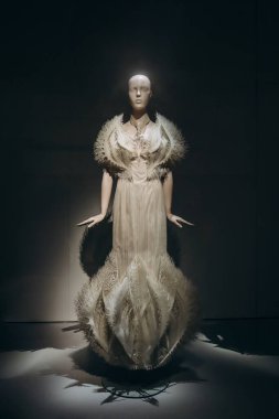 Paris, Fransa - 9 Mart 2024: Paris Dekoratif Sanatlar Müzesi 'nde moda tasarımcısı Iris van Herpen' in arşiv modelleri