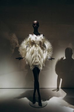 Paris, Fransa - 9 Mart 2024: Paris Dekoratif Sanatlar Müzesi 'nde moda tasarımcısı Iris van Herpen' in arşiv modelleri