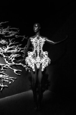 Paris, Fransa - 9 Mart 2024: Paris Dekoratif Sanatlar Müzesi 'nde moda tasarımcısı Iris van Herpen' in arşiv modelleri