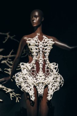 Paris, Fransa - 9 Mart 2024: Paris Dekoratif Sanatlar Müzesi 'nde moda tasarımcısı Iris van Herpen' in arşiv modelleri